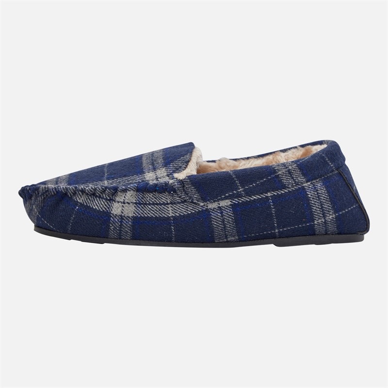 Onfire Mens Memory Foam Driving Moccasin Slippers Navy Check Flannel