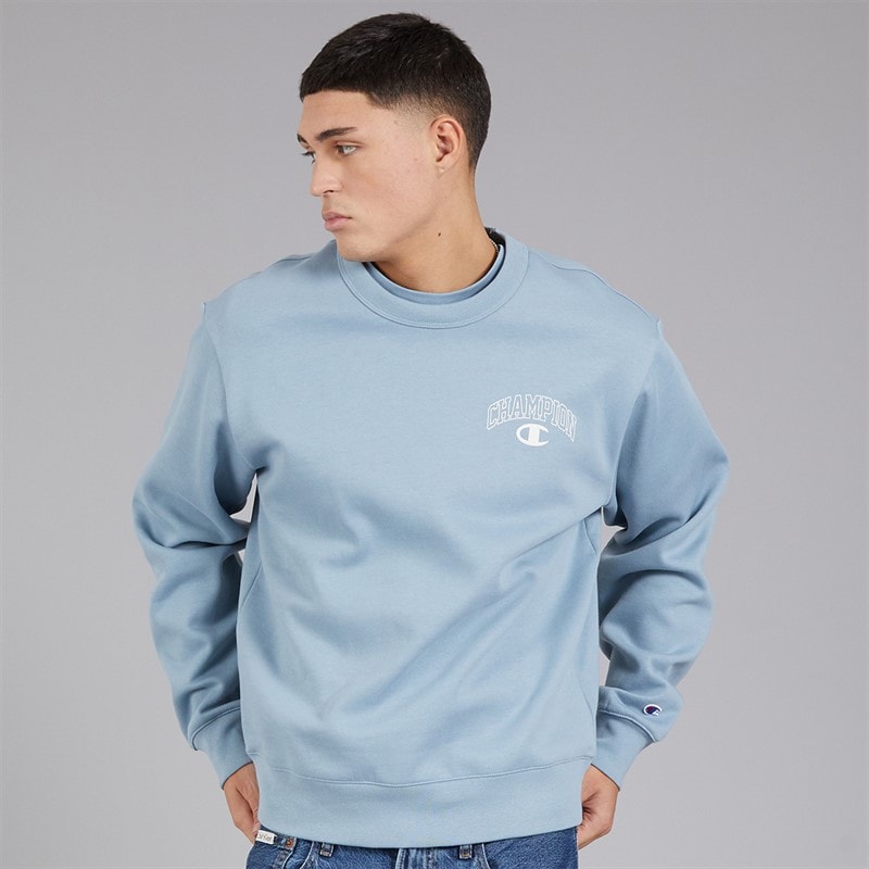 Champion Mens State Of Play Varsity Logo Crew Neck Sweatshirt Light Blue