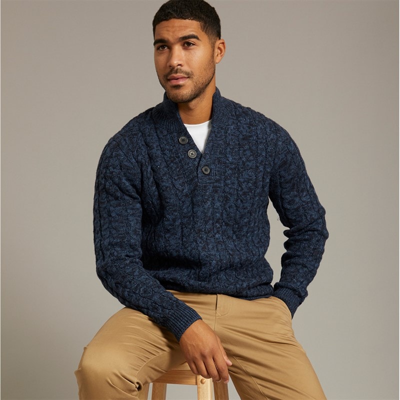 THREADBARE Mens Hasting Mock Neck Knitted Jumper Denim Twist