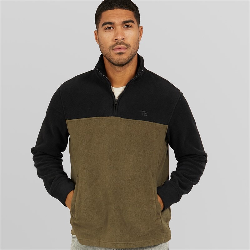 THREADBARE Mens Wham 1/4 Zip Fleece Black/Khaki