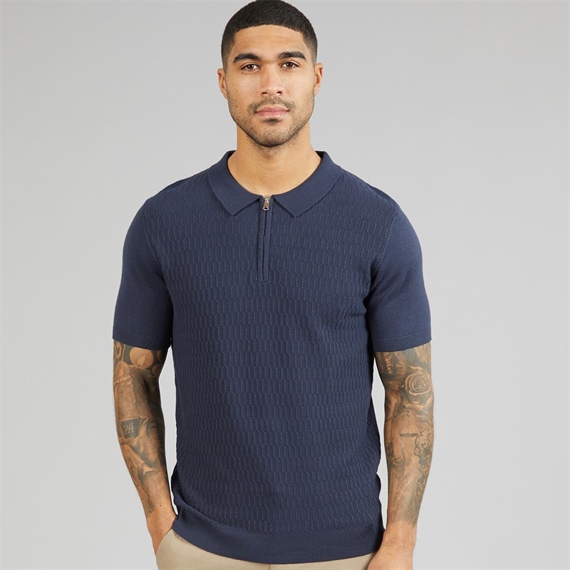 THREADBARE Mens Kelso Knitted Zip Polo Shirt Navy