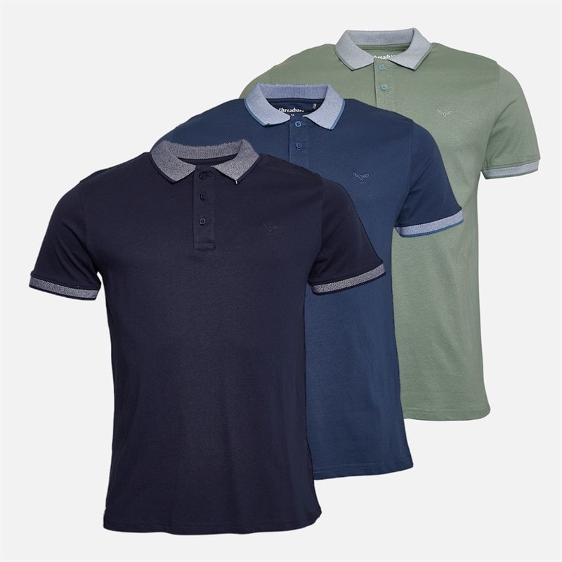 THREADBARE Mens Devonshire Three Pack Polo Shirts Sage/Navy/Denim