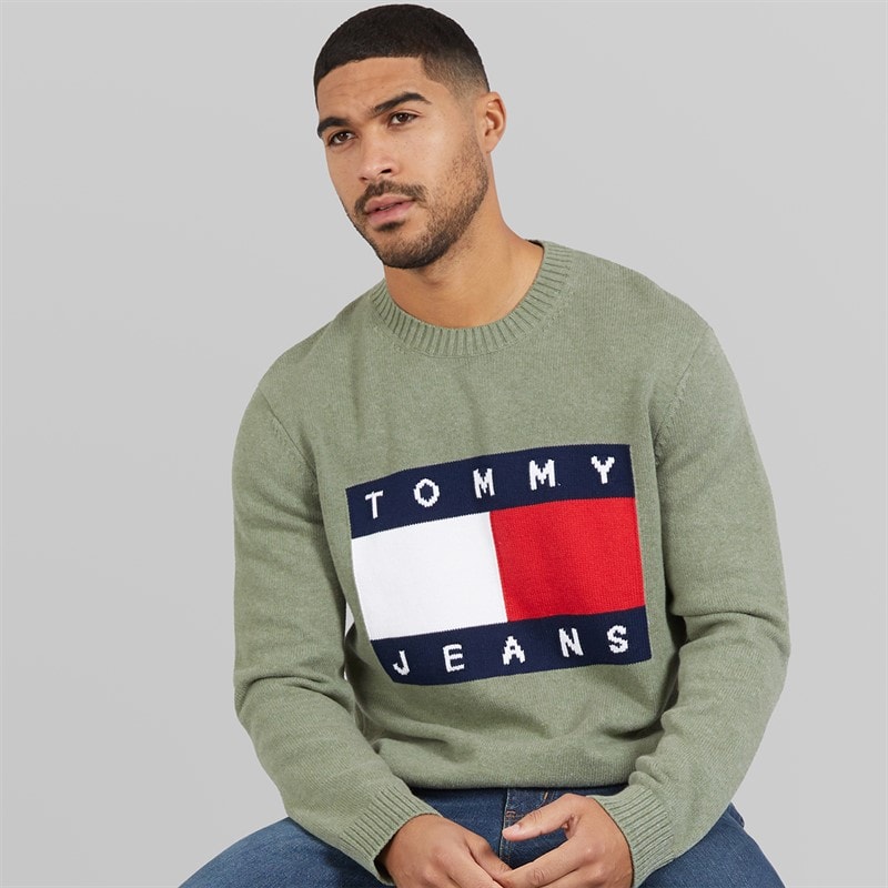 Tommy Hilfiger Mens Melange Flag Jumper Utility Sage Htr