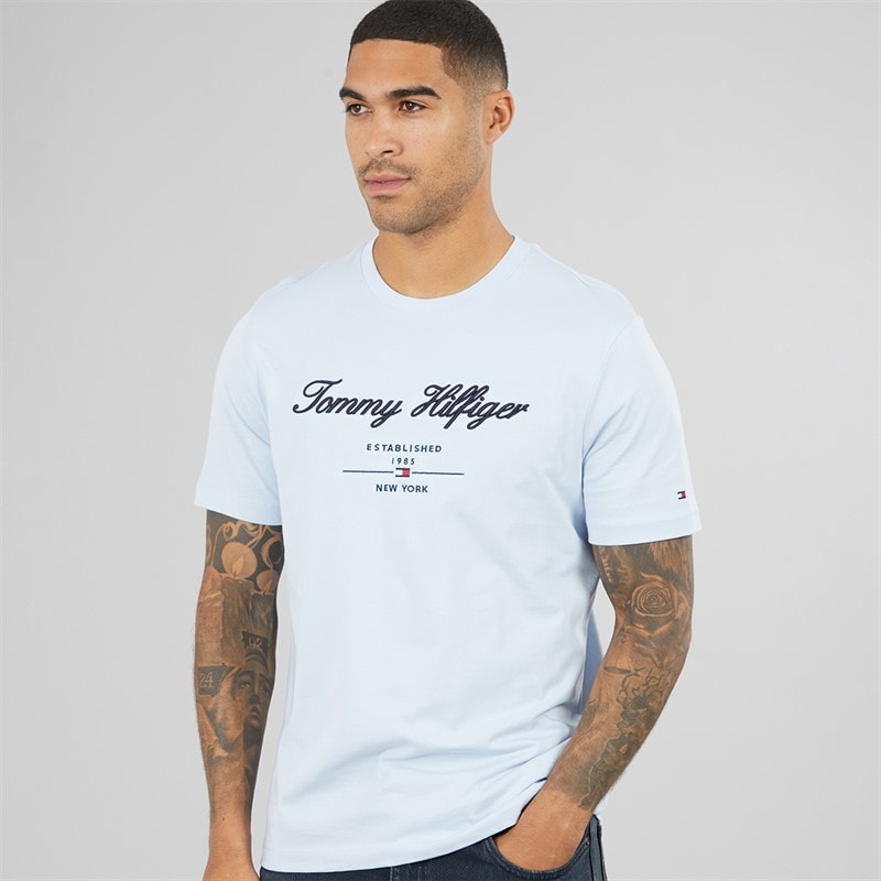 Tommy Hilfiger Mens Script Logo T-Shirt Breezy Blue