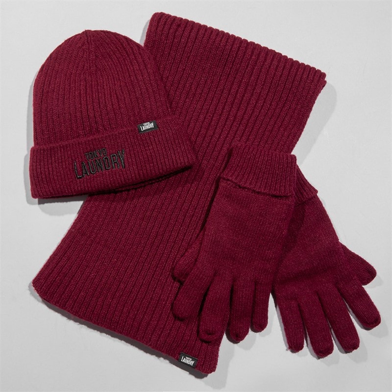 Tokyo Laundry Mens Worwick Knitted Hat Scarf And Gloves Set Burgundy