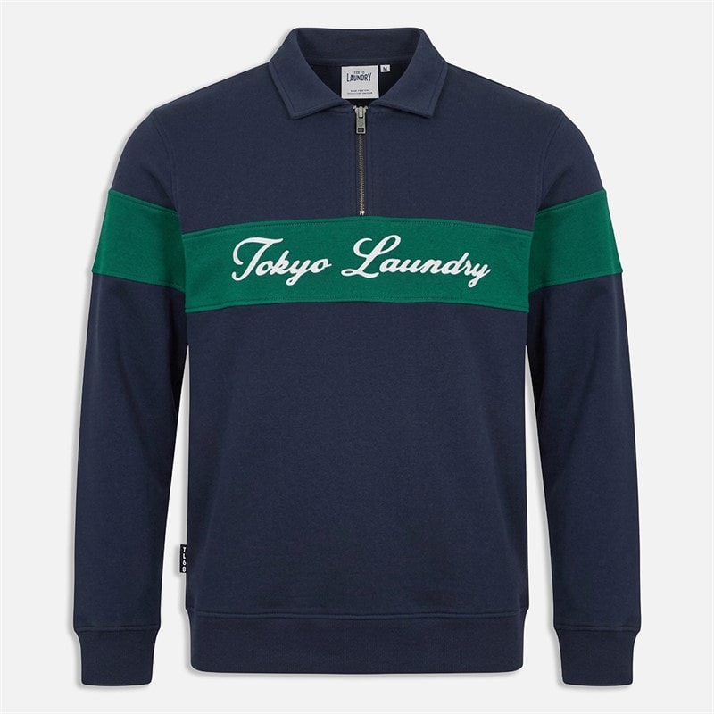 Tokyo Laundry Mens Degen 1/4 Zip Polo Neck Sweatshirt Naval Academy