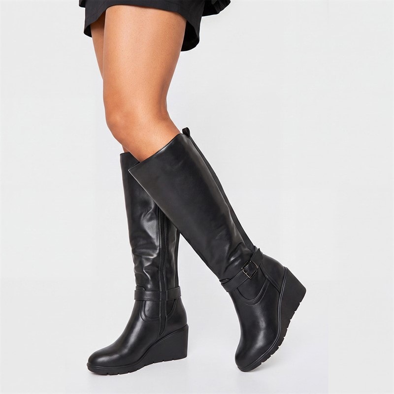 Truffle Collection Womens Knee High Wedge Boots Black PU