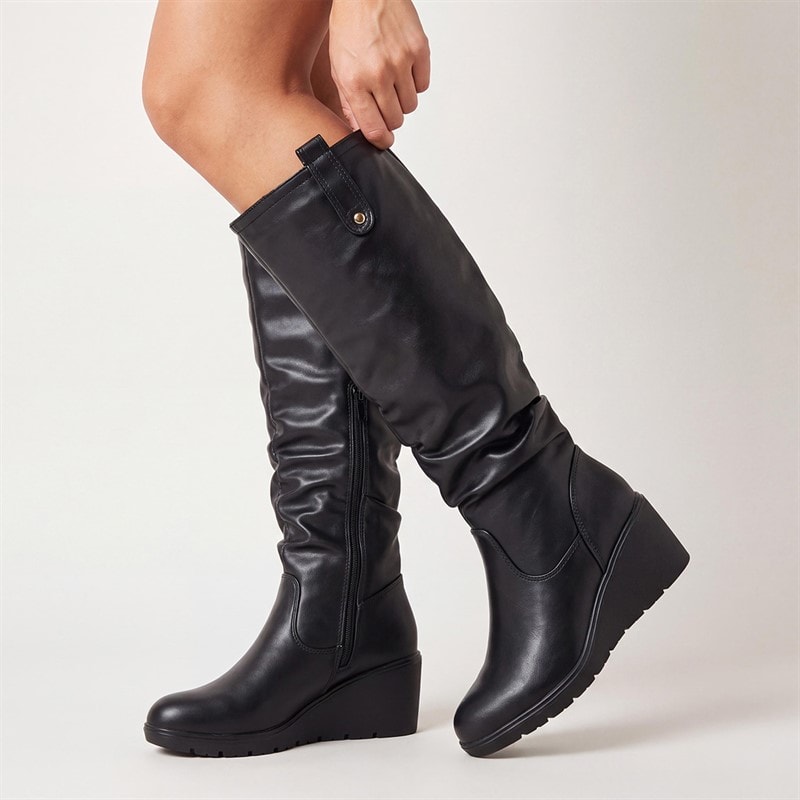 Truffle Collection Womens Knee High Slouch Wedge Boots Black PU