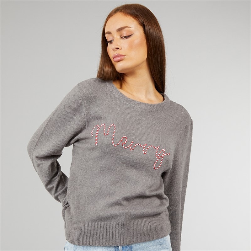 L'amore Couture Womens Merry Christmas Jumper Grey Marl