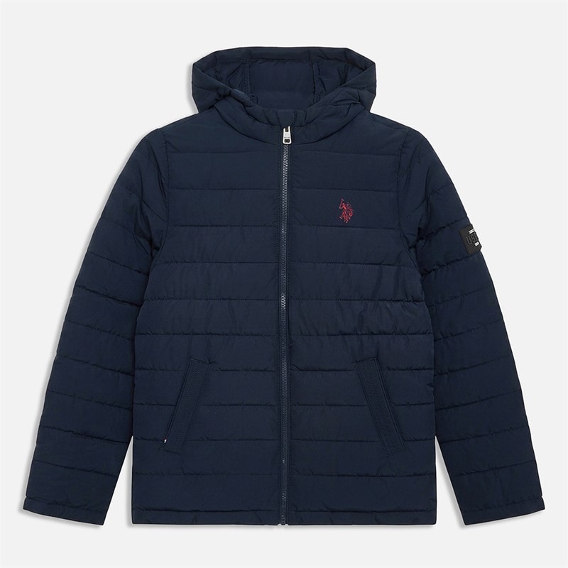 U.S. POLO ASSN. Boys Lightweight Quilt Hooded Puffer Jacket Dark Sapphire Navy/Haute Red Dhm
