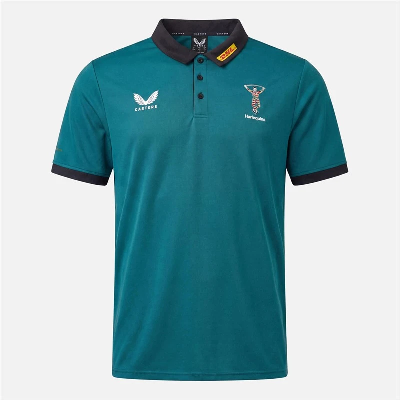 Castore Mens HFC Harlequins Rugby Travel Polo Shirt Chesapeake Bay/Caviar