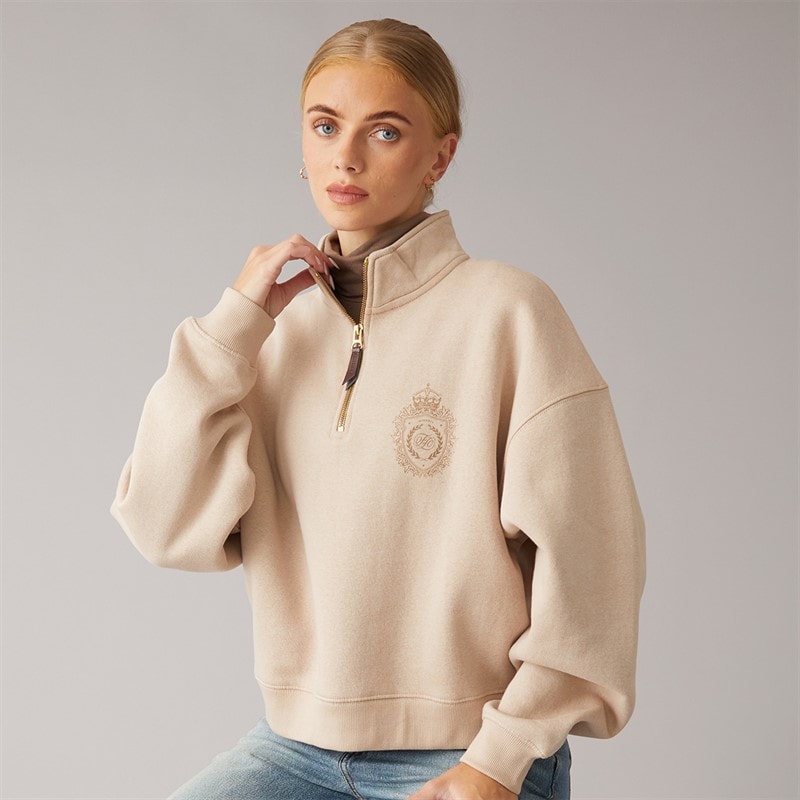Foxdale Womens Avelston Crest 1/4 Zip Sweatshirt Light Taupe