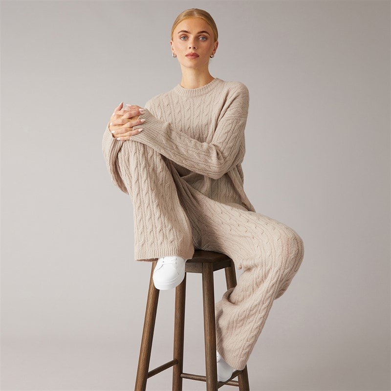 Foxdale Womens Millgate Cable Knit Jumper and Joggers Set Stone