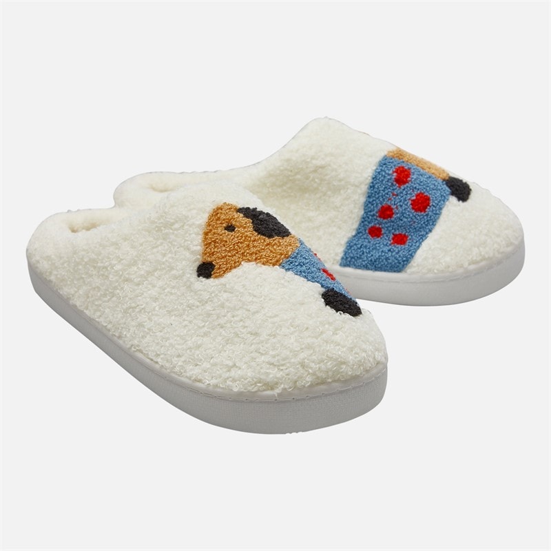 KRUSH Womens Sausage Dog Mule Slippers White/Blue/Brown