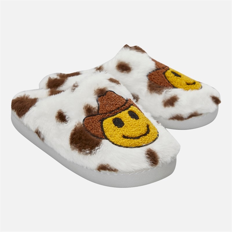KRUSH Womens Happy Face Cow Print Mule Slippers White/Cow Print