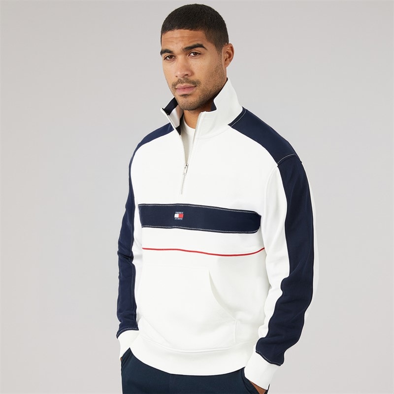 Tommy Jeans Mens Relaxed Colourblock 1/4 Zip Sweatshirt Ecru