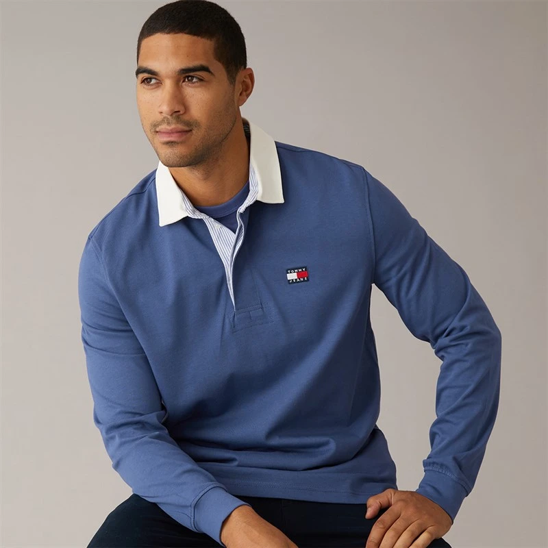 Tommy Jeans Mens Relaxed Badge Rugby Shirt Blue Storm