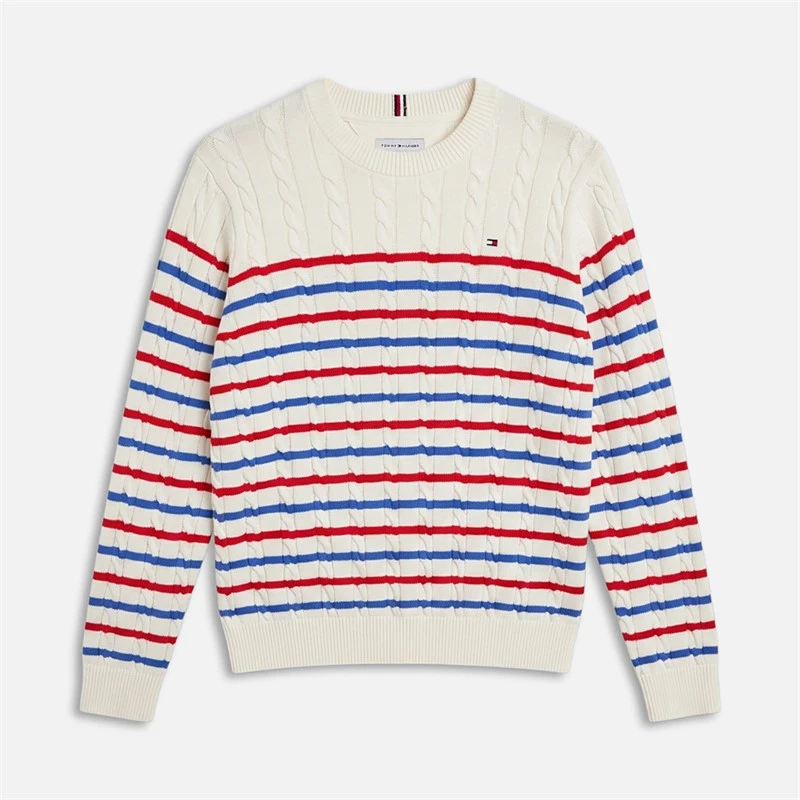 Tommy Hilfiger Boys Cotton Cable Jumper Ivory Silk Stripe