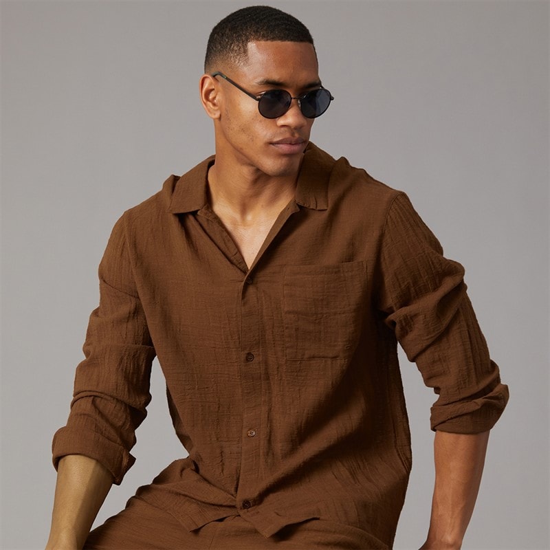 Another Influence Mens Gauze Long Sleeve Relaxed Shirt Terracotta