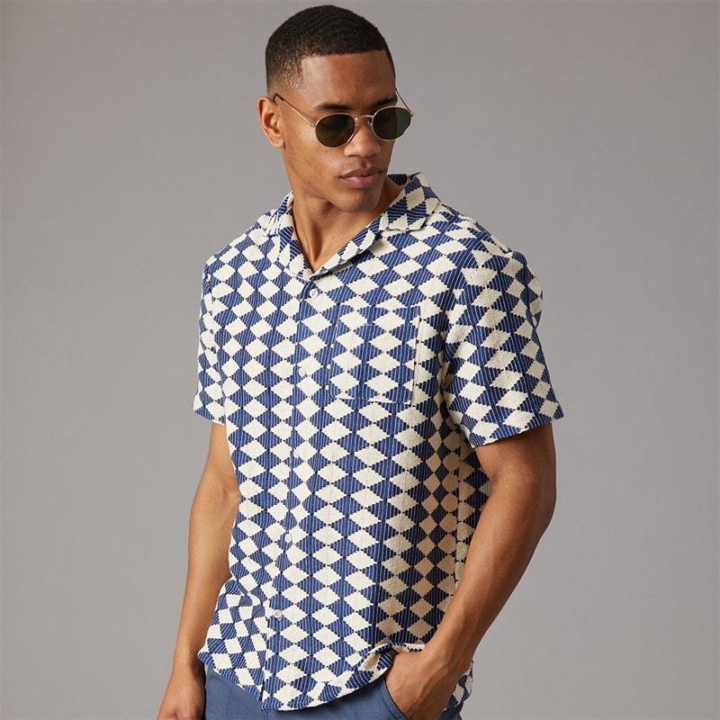 Another Influence Mens Revere Collar Crochet Shirt Navy/Cream