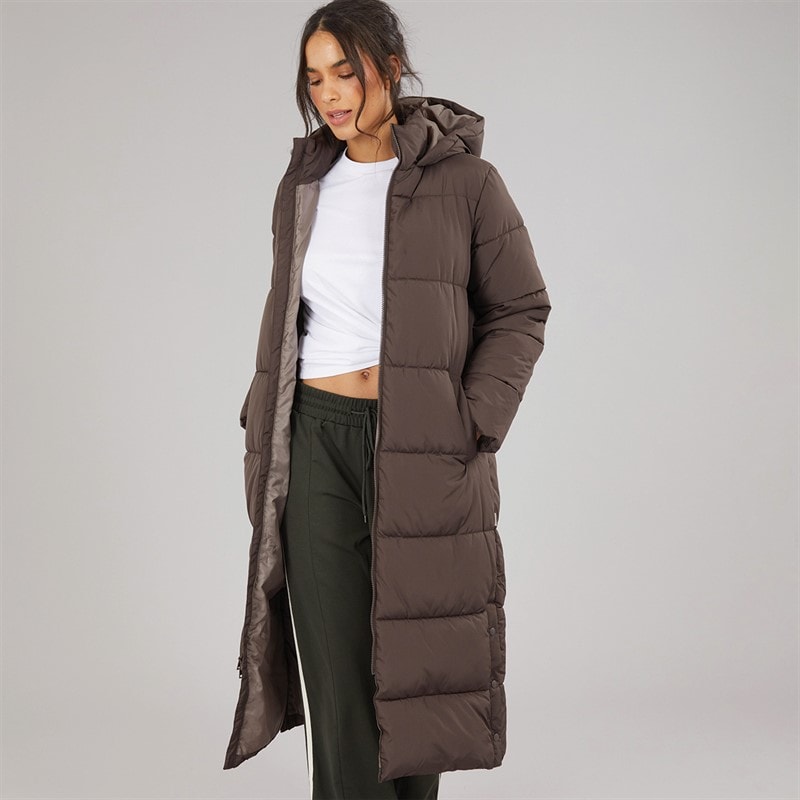 JJ REBEL Womens Alice Long Puffer Coat Chocolate Brown