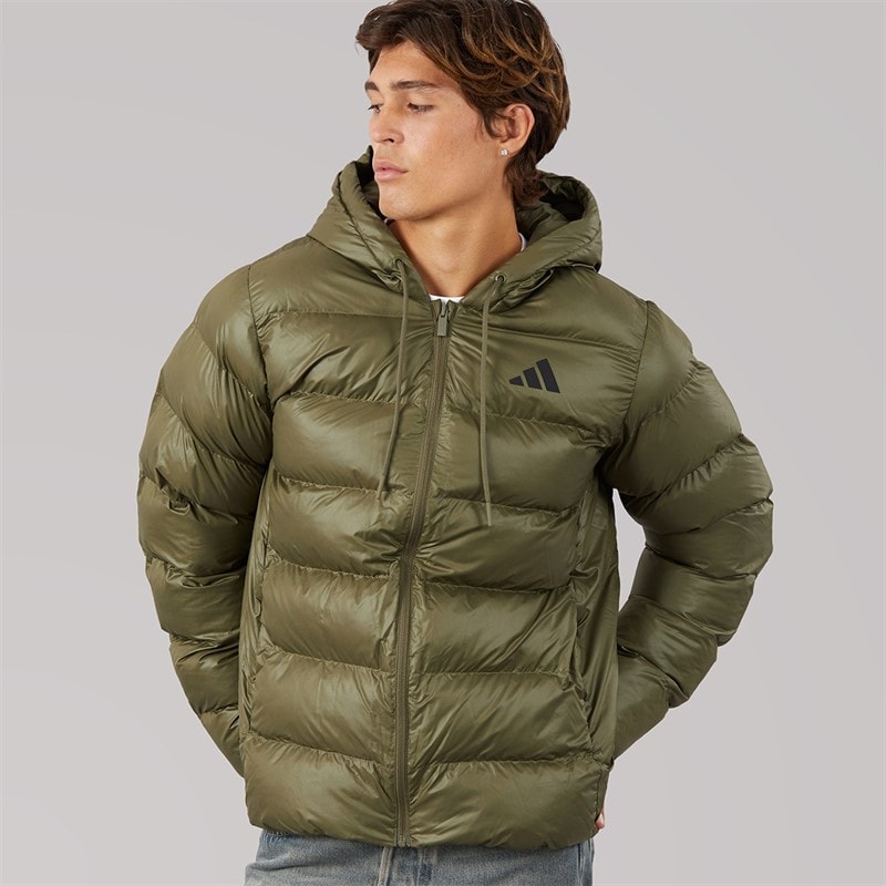 adidas Mens Essentials Climawarm Synthetic Down Puffer Hooded Jacket Olive Strata
