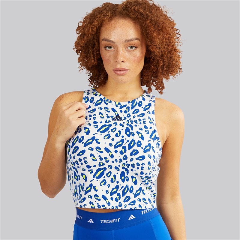 adidas Womens Essentials Animal Print Cropped Tank Top Crystal White/Pulse Lime/Semi Lucid Blue