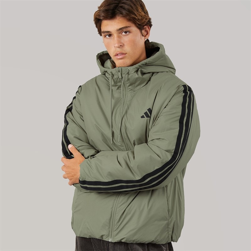 adidas Mens Essentials 3 Stripes Climawarm Insulated Hooded Jacket Silver Pebble