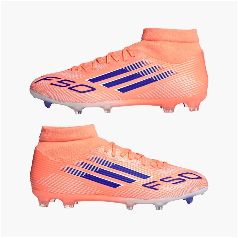 adidas Mens F50 League Mid Coral Blaze Pack FG/MG Firm/Multi Ground Football Boots Beam Orange/Lucid Blue /Cloud White Beam Orange/Lucid Blue/Cloud White
