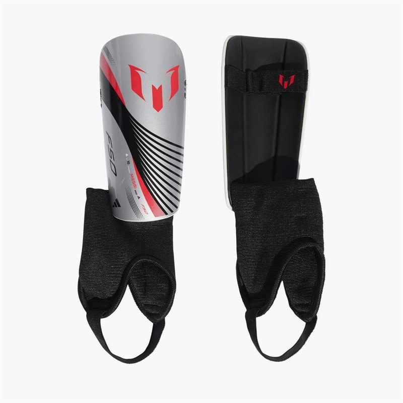 adidas Junior Messi Match Shin Guards Silver Metallic/Lucid Red/Black