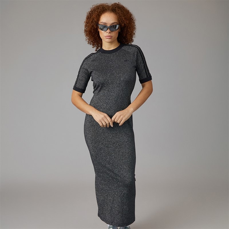 adidas Originals Womens Adicolor Holiday Glitter 3-Stripes Dress Black