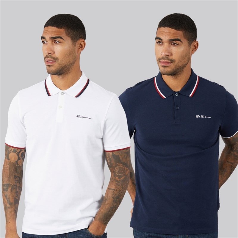 Ben Sherman Mens Two Pack Twin Tipped Polo Shirts Dark Navy/White