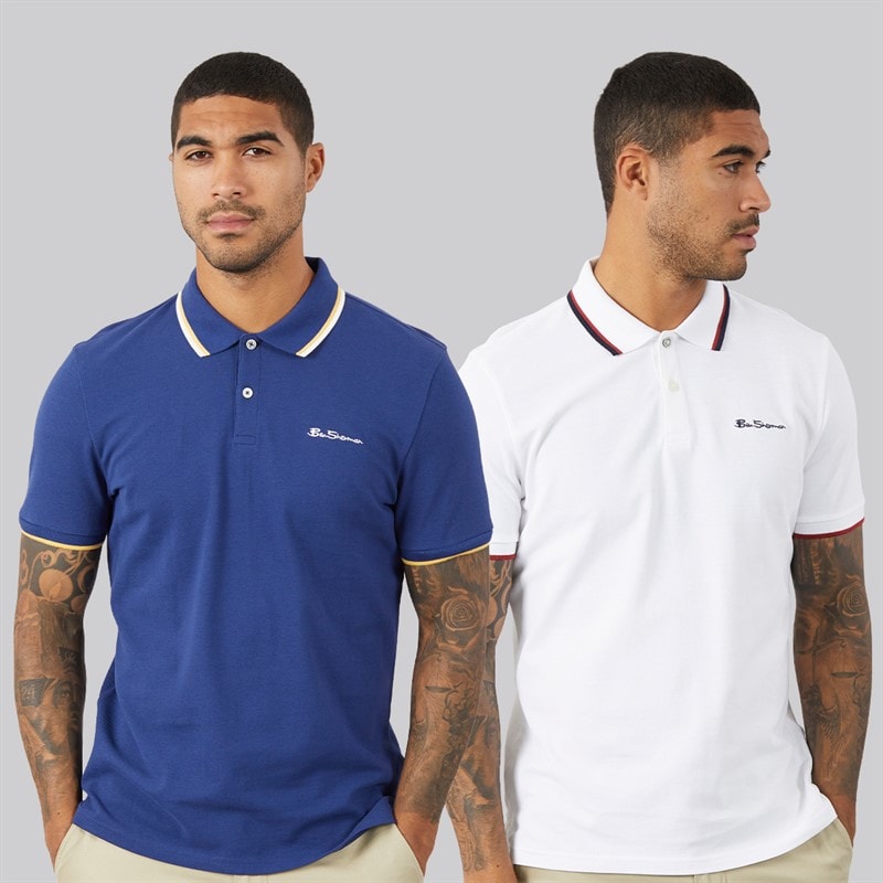 Ben Sherman Mens Two Pack Twin Tipped Polo Shirts Persian Blue/White