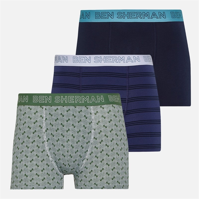 Ben Sherman Mens Three Pack Trunks Geo/Plain