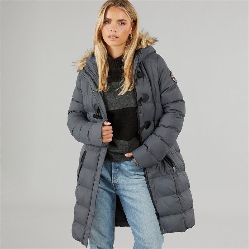 Brave Soul Womens Wizard Long Padded Coat With Faux Fur Trim Hood Grey