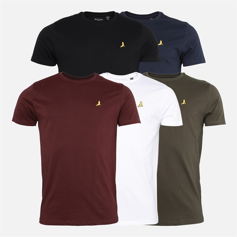 Brave Soul Mens Russel Five Pack T-Shirts Black/White/Navy/Khaki/Burgundy