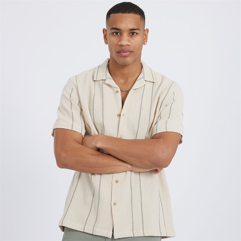Brave Soul Mens Soresi Short Sleeve Shirt Ecru/Sage Green