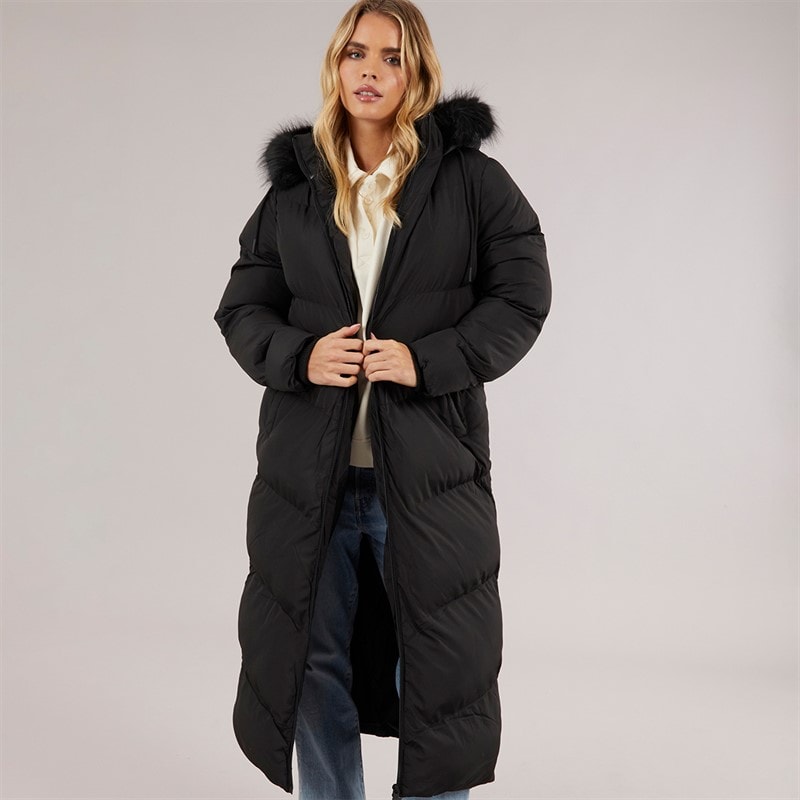 Brave Soul Womens Marcella Long Hooded Puffer Coat Black