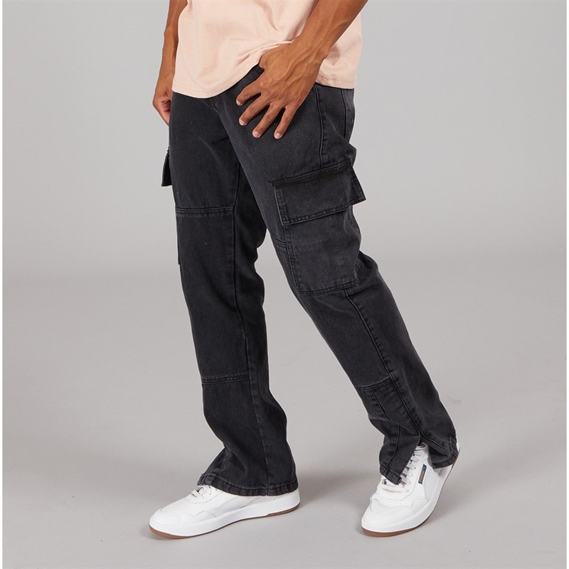 Brave Soul Mens Station Loose Fit Cargo Jeans Charcoal Wash