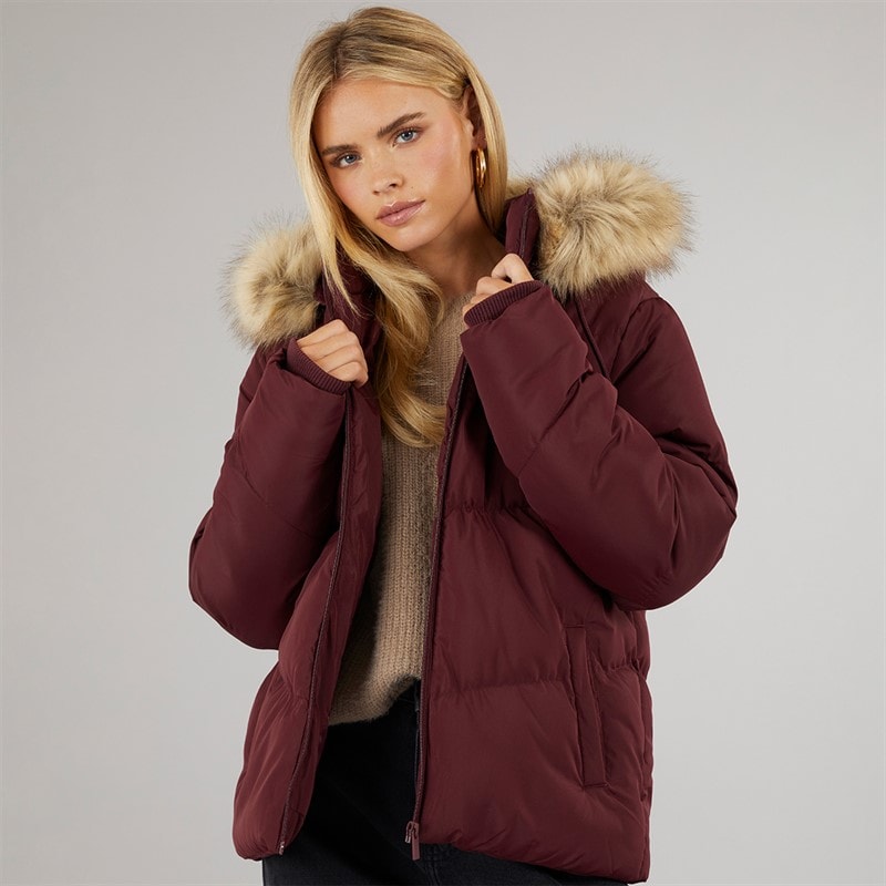 Brave Soul Womens Marcella Short Puffer Jacket Burgundy