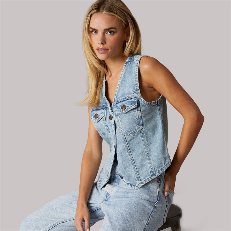 Brave Soul Womens Charlie Denim Vest Pale Blue Wash