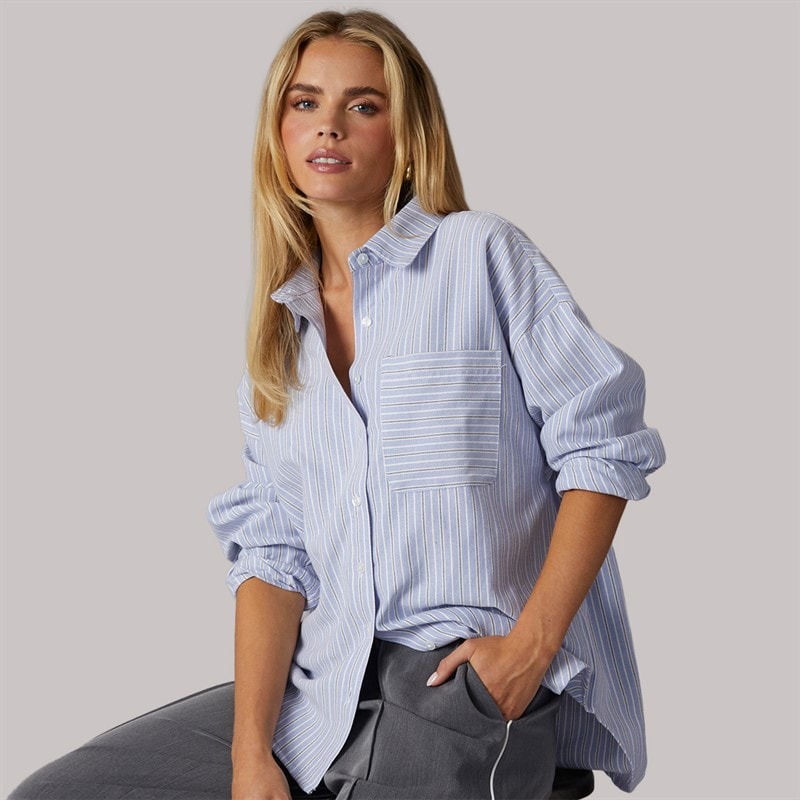Brave Soul Womens Fraser Oversized Shirt Blue/White/Black Stripe