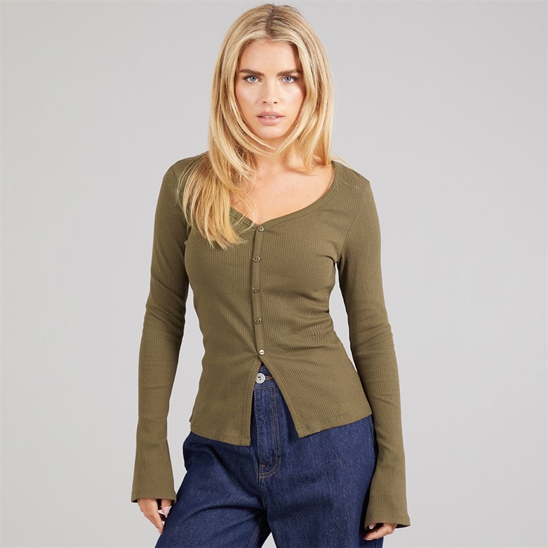 Brave Soul Womens Yorke Button T-Shirt Truffle