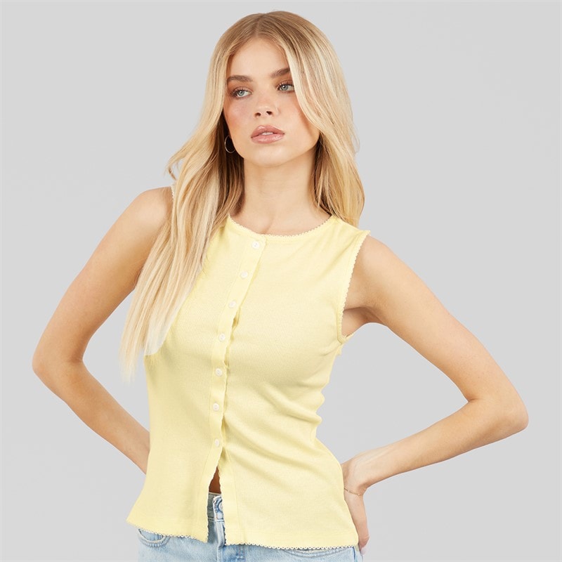Brave Soul Womens Picot Button Down Vest Lemon/White