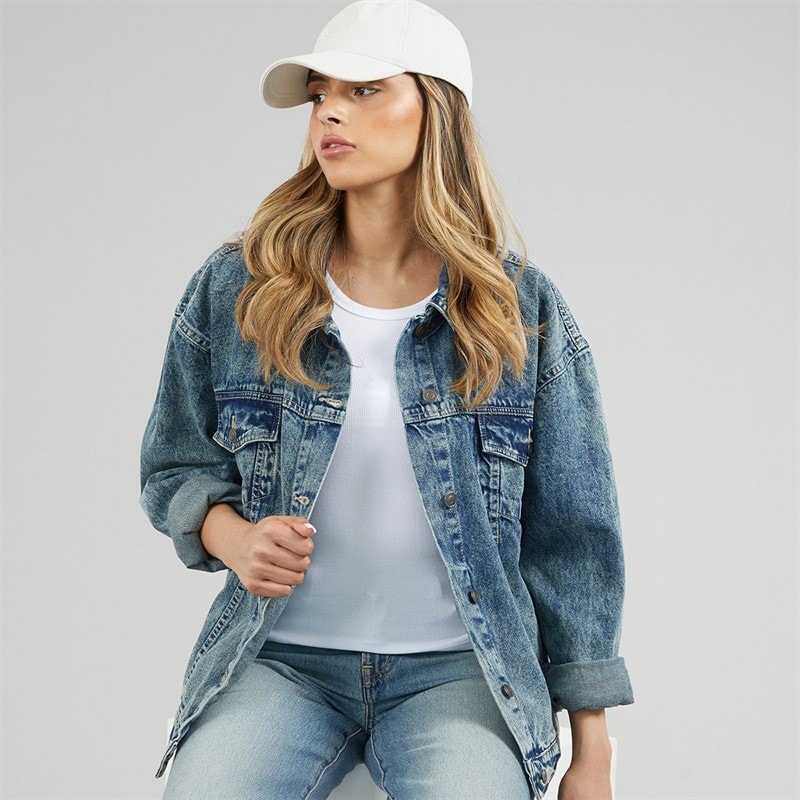 Brave Soul Womens Antalya Oversized Denim Jacket Washed Mid Blue