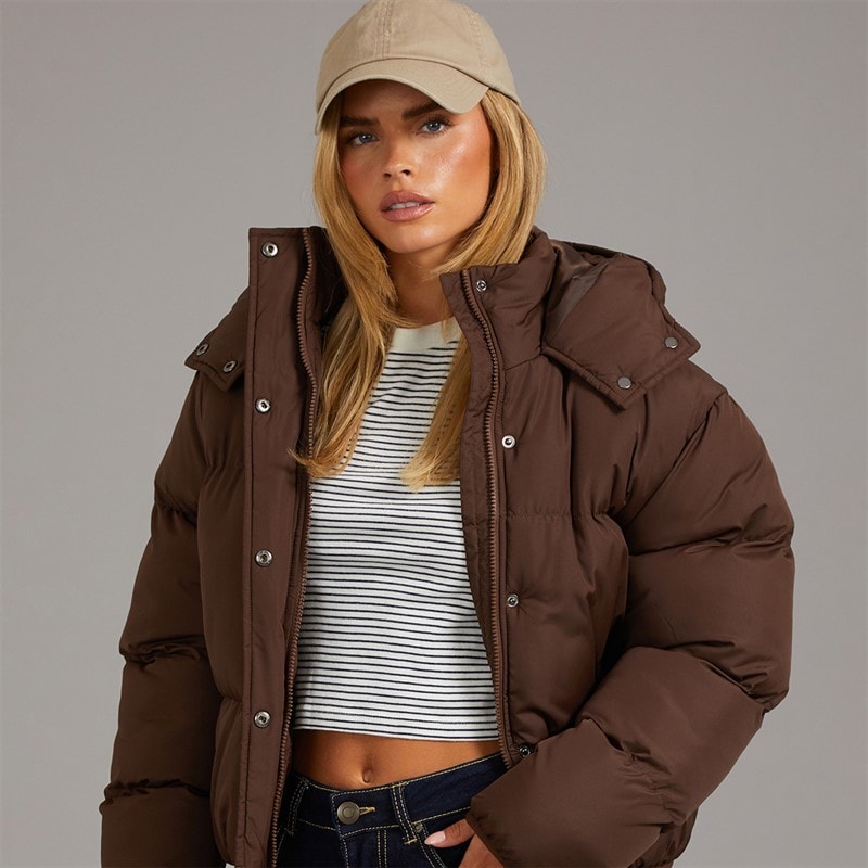 Brave Soul Womens Bunny Short Puffer Jacket Dark Chocolate