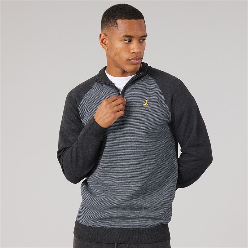 Brave Soul Mens Rader 1/4 Zip Funnel Neck Jumper Dark Charcoal Marl/White