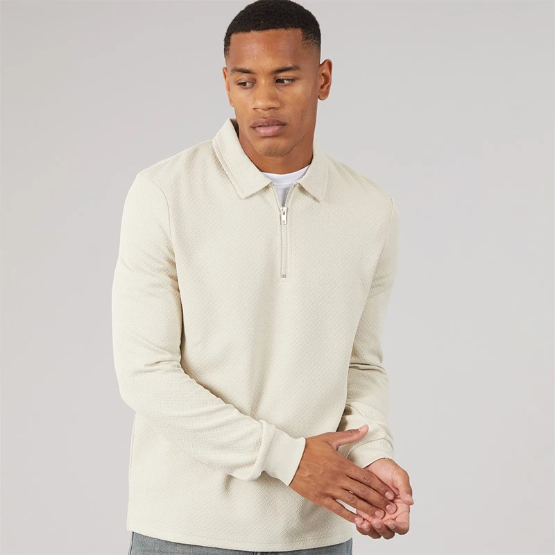 Brave Soul Mens Lamont 1/4 Zip Long Sleeve Polo Shirt Light Stone