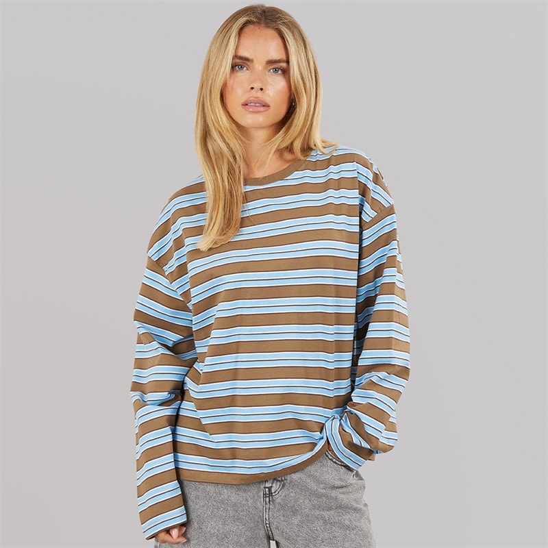 Brave Soul Womens Joey Crew Neck Long Sleeve Stripe Top Brown/Blue/White