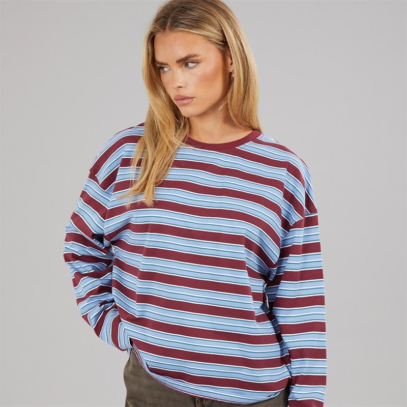 Brave Soul Womens Joey Crew Neck Long Sleeve Stripe Top Burgundy/Blue/White/Navy